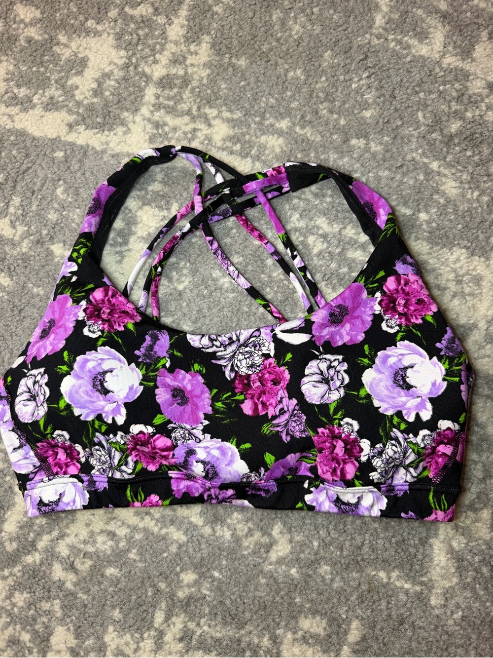 Victoria's Secret Black Floral Strappy Sports Bra with Purple Accents